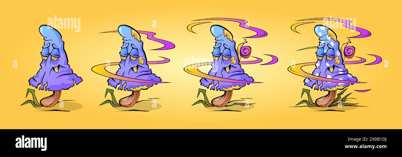 Trippy champignon personnage de dessin animé drôle avec différentes étapes de progrès des éléments décoratifs. Champignon psychédélique groovy avec émotion funky du visage. Ensemble d'illustration vectorielle de champignons psilocybine positifs. Illustration de Vecteur