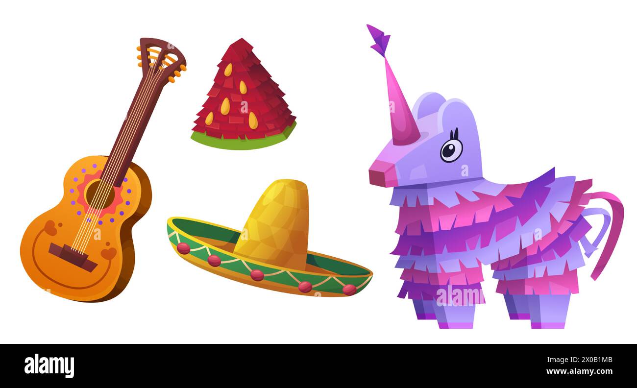 Festival mexicain ou éléments traditionnels de vacances - âne en papier et pinata pastèque, chapeau sombrero et guitare. Ensemble d'illustration vectorielle de dessin animé de fiesta, fête d'anniversaire et accessoire cinco de Mayo. Illustration de Vecteur