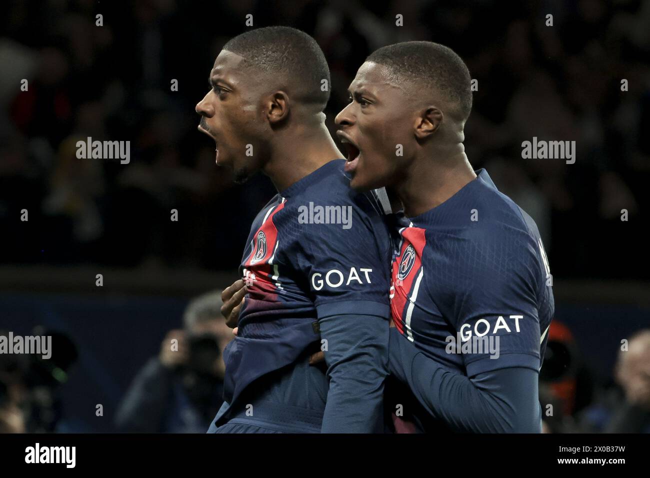 Ousmane Dembele du PSG célèbre son but avec Nuno Mendes du PSG lors de ...