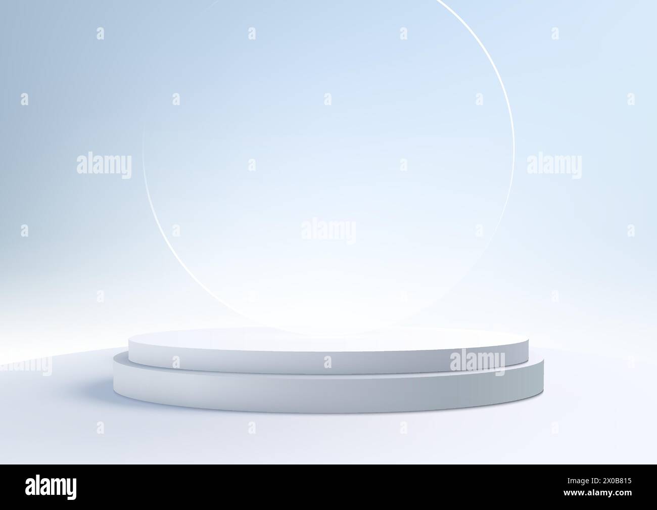Le stand de podium blanc 3D avec fond de verre circulaire sur fond de ciel bleu est parfait pour les maquettes d'affichage de produit de concept d'intérieur moderne. Vecteur illustr Illustration de Vecteur
