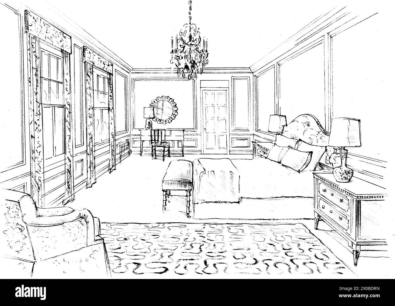 Croquis de concept noir et blanc pour une grande chambre de style traditionnel. Banque D'Images