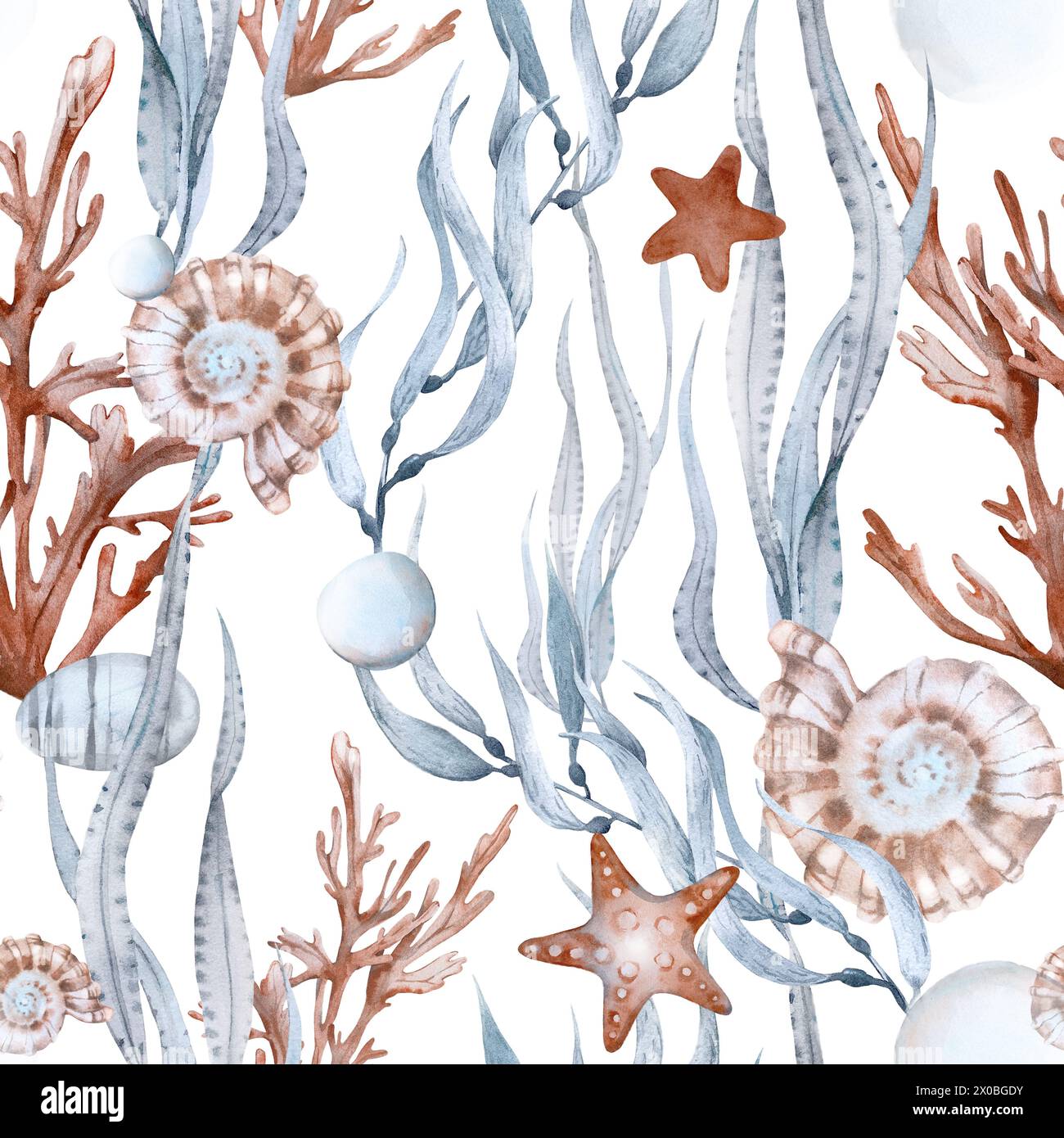 Algues, étoiles de mer, perles et coquillages motif horizontal sans couture. Guirlande peinte à la main à l'aquarelle. Banque D'Images