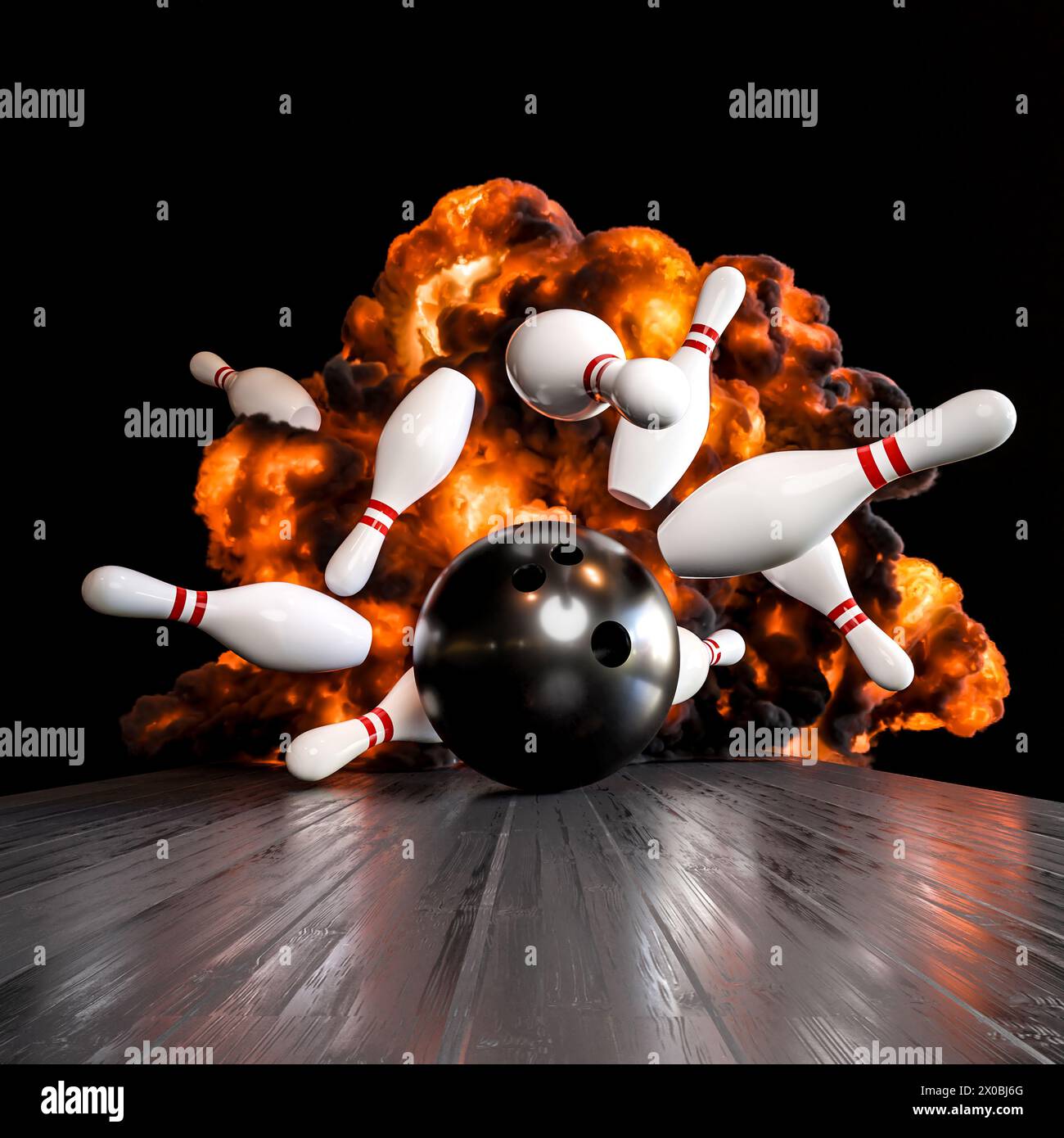 illustration 3d d'une boule de bowling frappant des épingles avec un fond explosif Banque D'Images