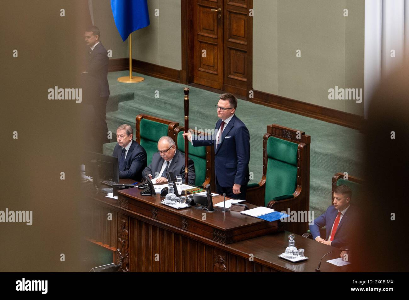 Varsovie, Pologne. 10 avril 2024. Szymon Holownia, Président du Sejm, entame la 9ème session du Parlement polonais. Au cours de cette session parlementaire, le parlement a discuté du droit de légaliser l'avortement. Crédit : SOPA images Limited/Alamy Live News Banque D'Images