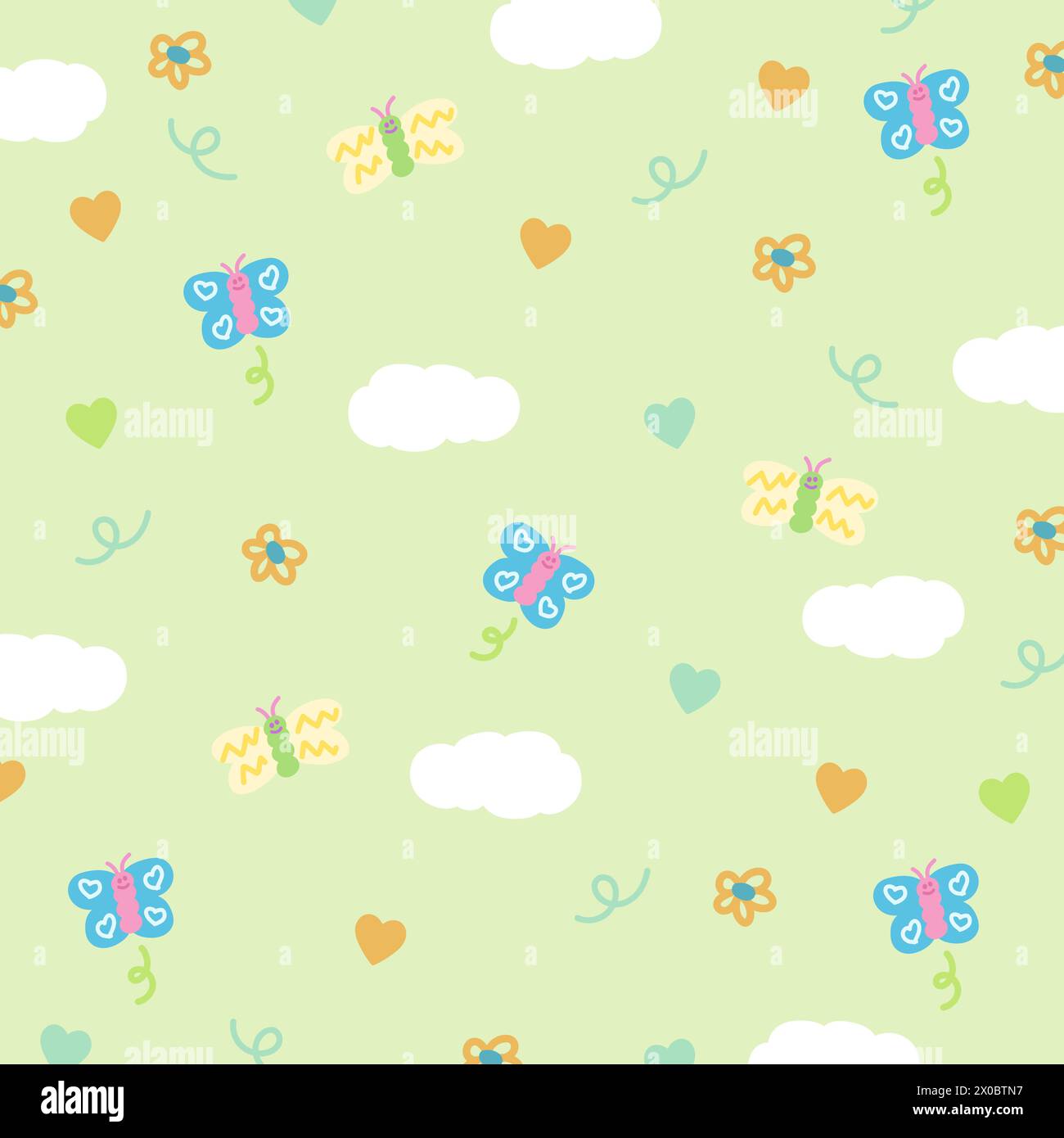 Illustration de papillon, nuage, coeur sur un fond vert pastel pour pique-nique, printemps, été, nature, jardin, tissu, motif, emballage cadeau, animal Illustration de Vecteur