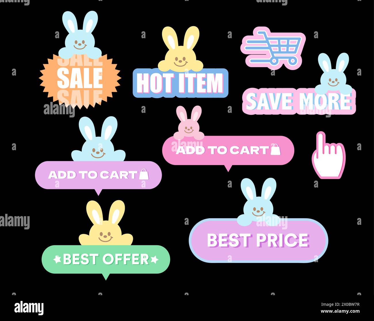 Icônes de vente de lapin telles que l'article chaud, économiser plus, ajouter au panier, meilleur prix pour les achats en ligne, promotion de pâques, carte, imprimer, badges de réduction, marketing Illustration de Vecteur