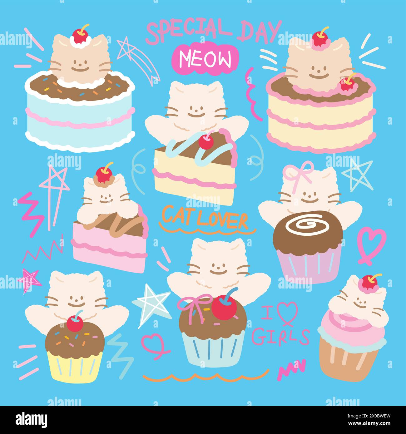 Illustration de chat avec gâteau et cupcake pour fête d'anniversaire, nourriture pour animaux de compagnie, casse-croûte, dessert sucré, animaux, animal de compagnie, vétérinaire, animalerie, café, restaurant, menu Illustration de Vecteur