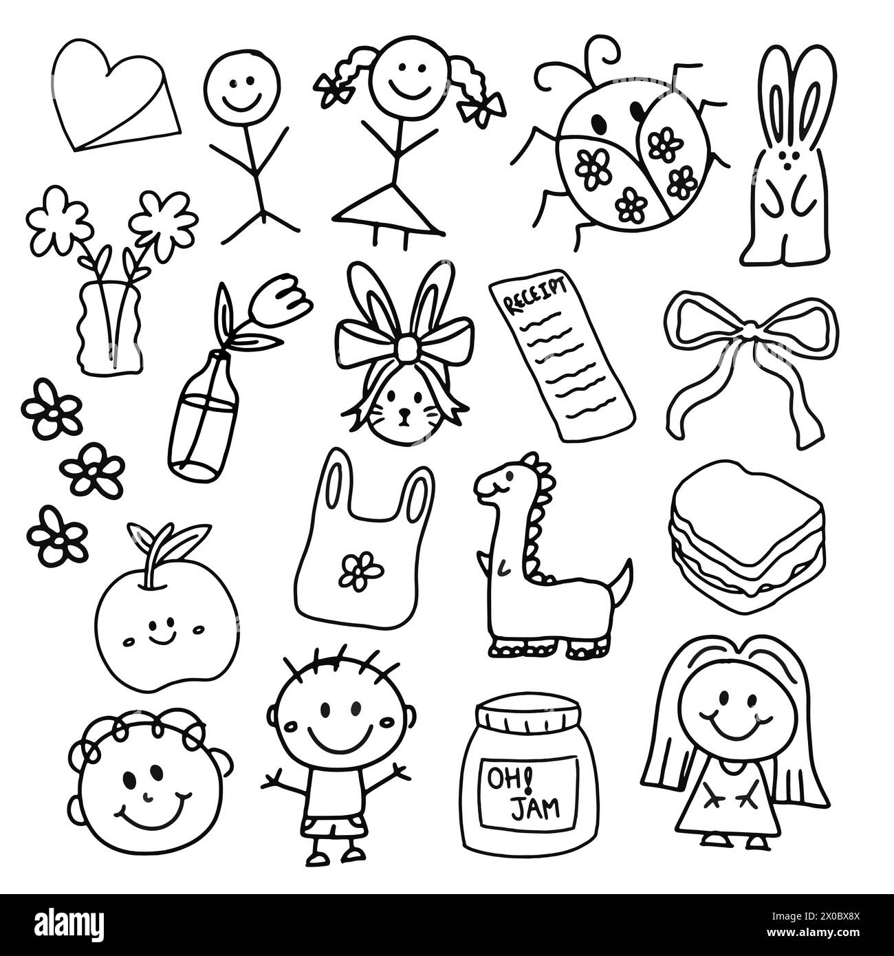 Contours d'éléments mignons dessinés à la main tels que vase de fleur, coccinelle, enfants, sandwich, ruban, pomme, dinosaure, confiture, coeur, lapin pour livre de coloriage Illustration de Vecteur