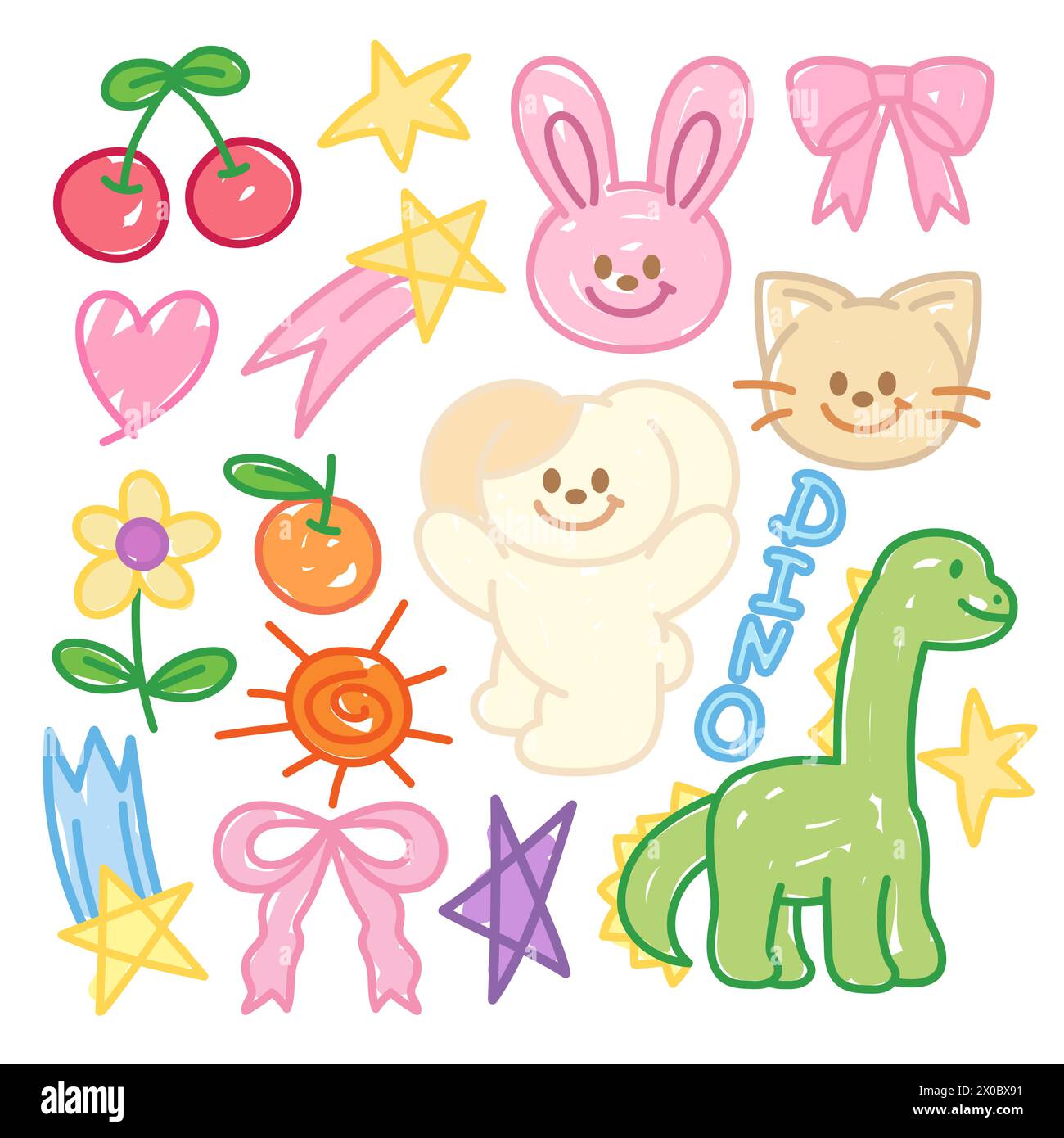 Illustrations de doodle mignon de lapin, chat, chiot, dinosaure, cerise, orange, ruban rose, étoile filante, fleur et cœur Illustration de Vecteur