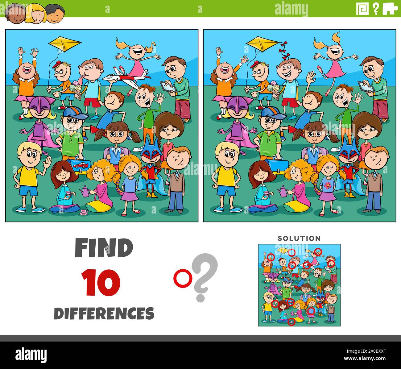 Illustration de dessin animé de trouver les différences entre les images activité éducative avec groupe de personnages d'enfants ludiques Illustration de Vecteur
