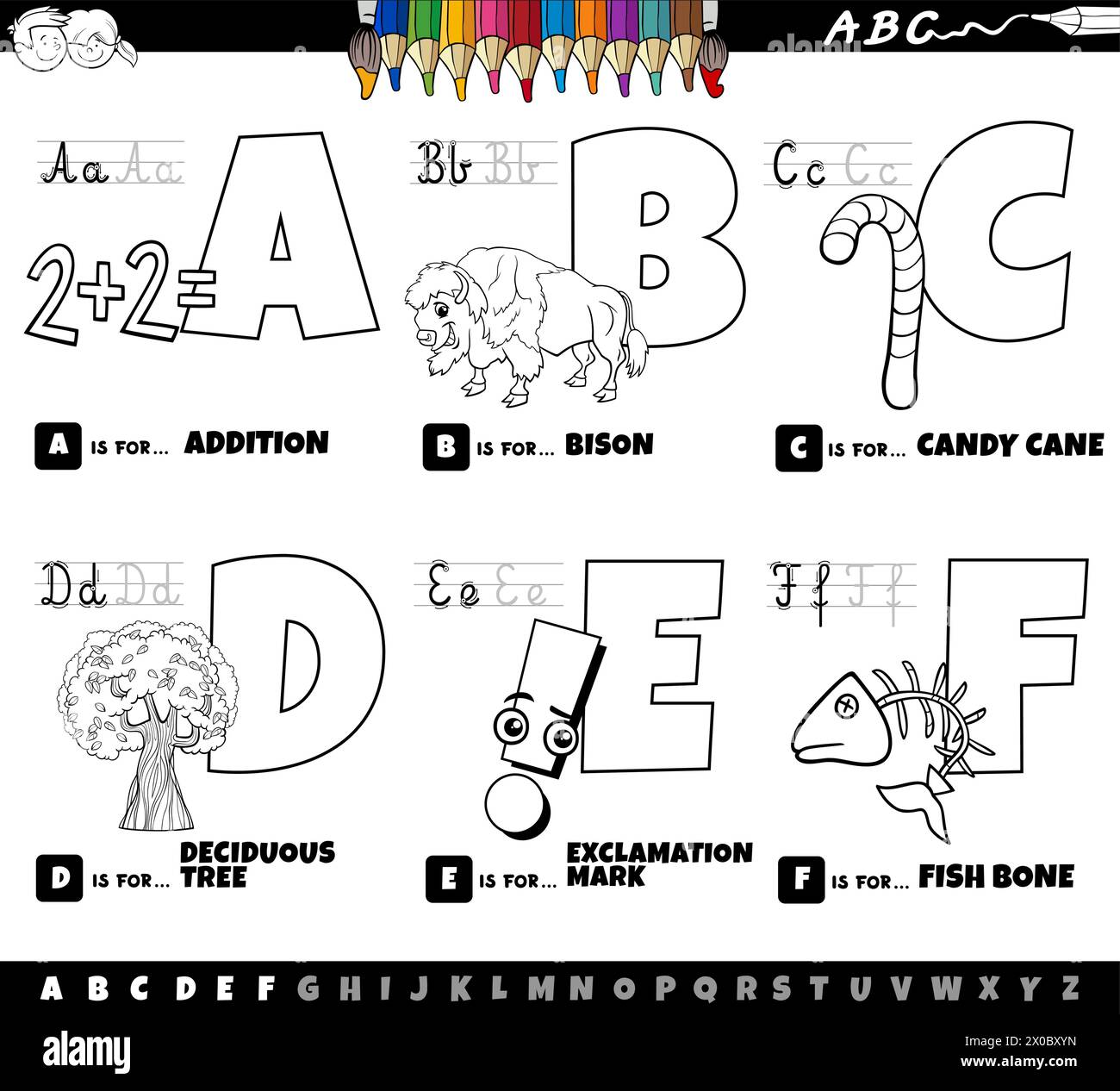 Dessin animé noir et blanc représentant des lettres majuscules de l'alphabet kit éducatif pour la pratique de la lecture et de l'écriture pour les enfants de Couleur a à F Illustration de Vecteur