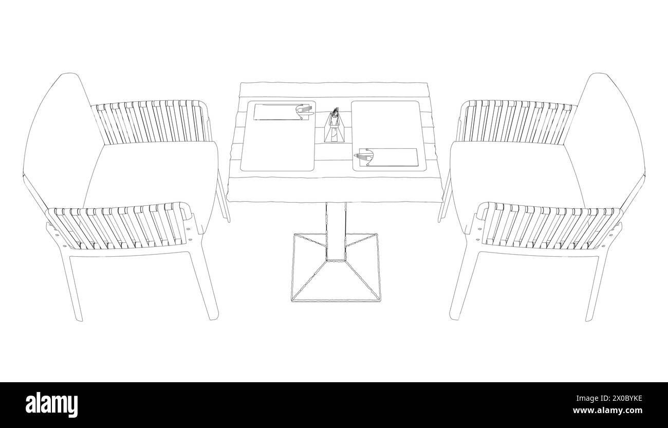 Contour de deux chaises et une table avec fourchettes, couteaux et serviettes. Vue latérale. Illustration de Vecteur