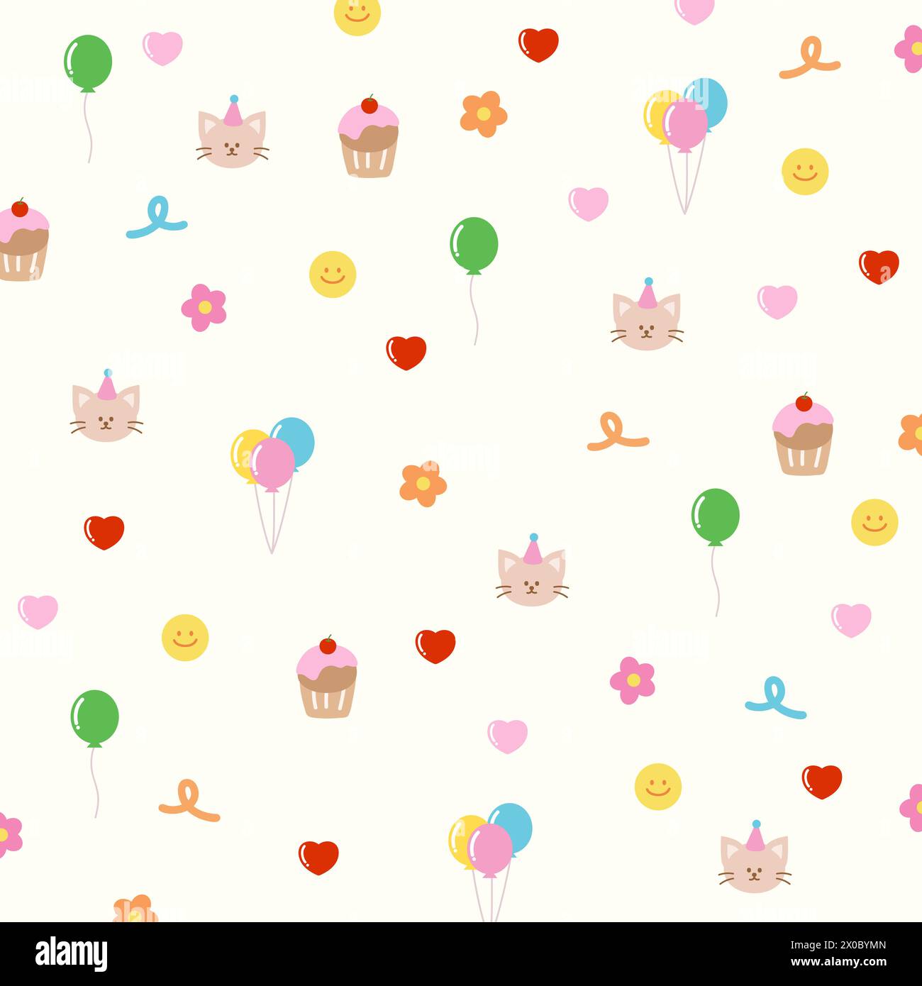 Illustration mignonne de chat, chapeau de fête, ballons, cupcake, coeur et fleurs pour l'emballage cadeau, carte d'anniversaire, fond de fête, papier peint, emballage Illustration de Vecteur