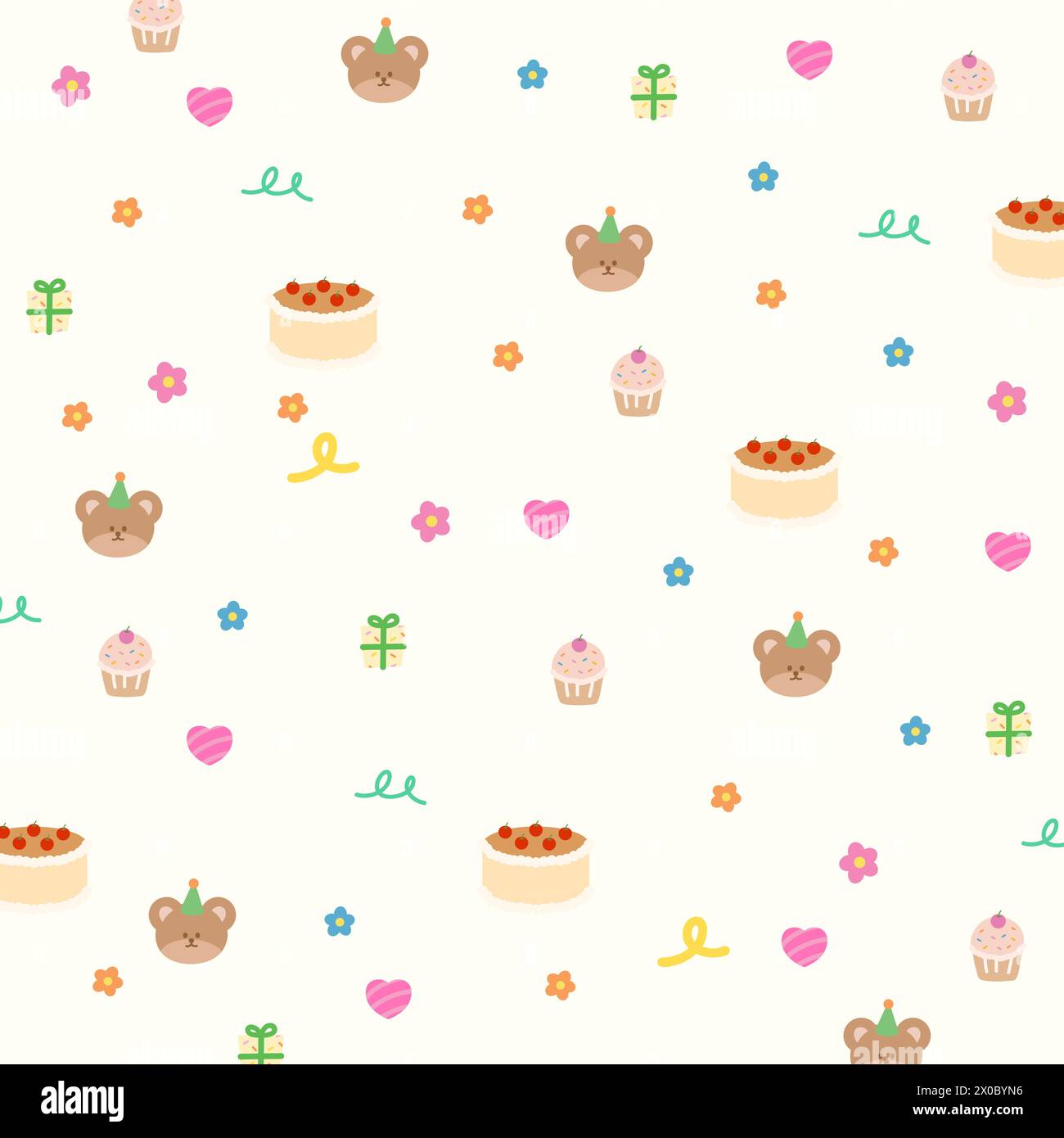 Illustration d'ours en peluche, gâteau, cupcake, boîte-cadeau pour fond d'anniversaire, carte, motif, impression de tissu, papier peint, vêtements pour enfants, été, pique-nique Illustration de Vecteur