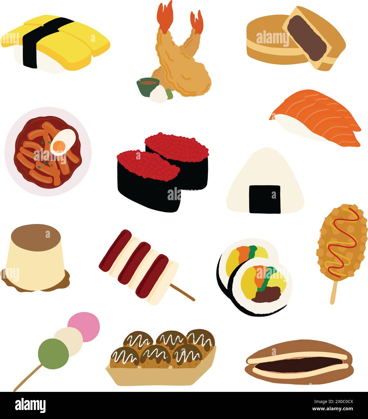 Plats asiatiques dessinés à la main et en-cas, y compris sushi, tempura, onigiri, saucisse de maïs chien, crêpe aux haricots rouges, dango pour la cuisine coréenne, la cuisine japonaise, le menu Illustration de Vecteur