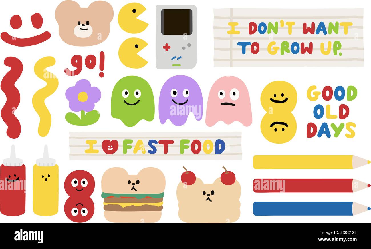 Illustration de bons vieux jours tels que gameboy, jouet, dessin animé, personnages, bande dessinée, hamburger, ours en peluche, poupée, sauce ketchup, crayons de couleur, crêpe Illustration de Vecteur