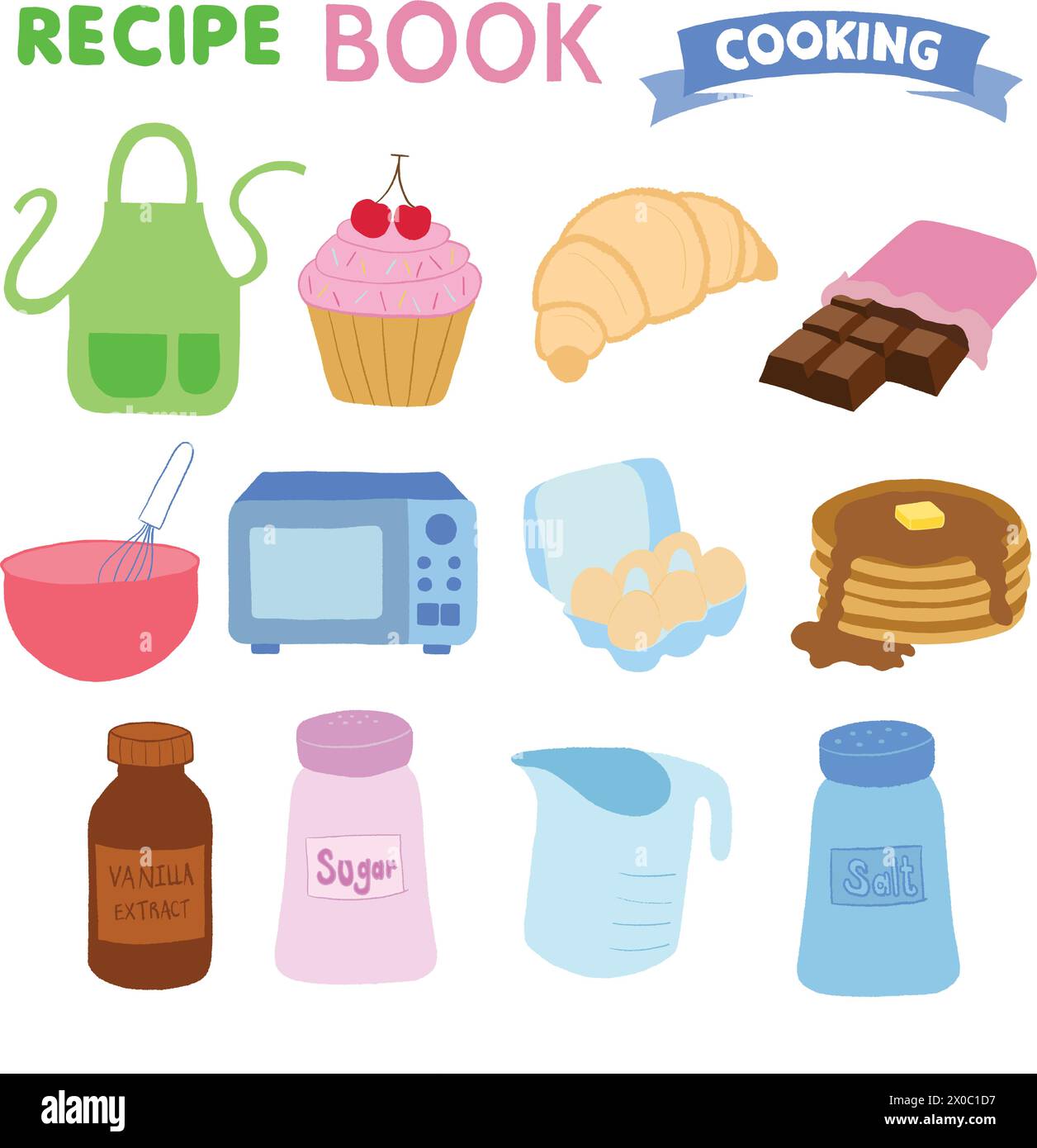 Élément de cuisson dessiné à la main de tablier, chocolat, fouet, micro-ondes, four, oeuf, crêpe, extrait de vanille, sucre, sel pour la boulangerie, pâtisserie, café, restaurant Illustration de Vecteur