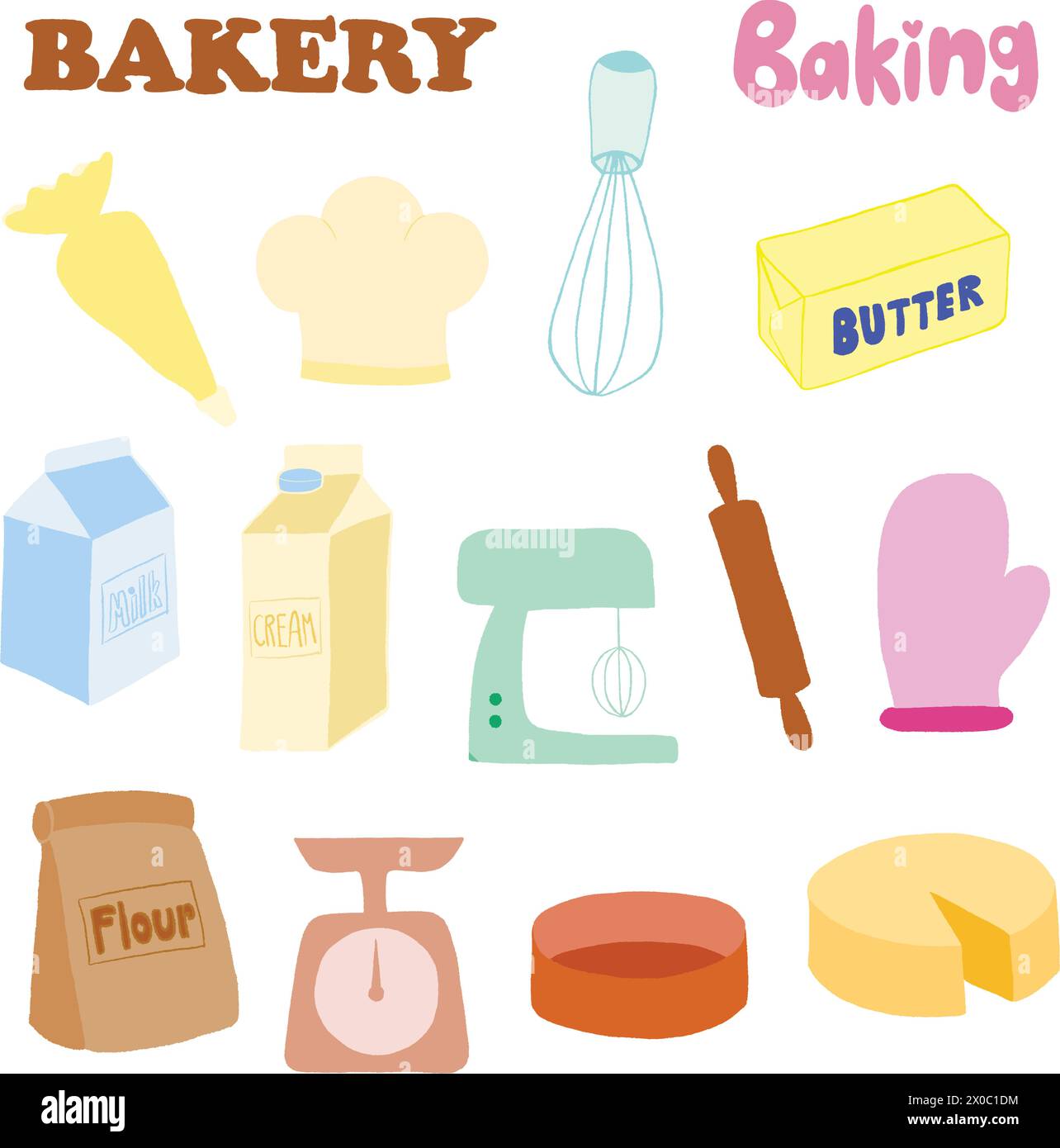 Éléments de cuisson dessinés à la main de beurre, gant, crème, boîte à lait, farine, fouet, rouleau à pâtisserie, chapeau de chef pour boulangerie, pâtisserie, café, restaurant, supermarché Illustration de Vecteur