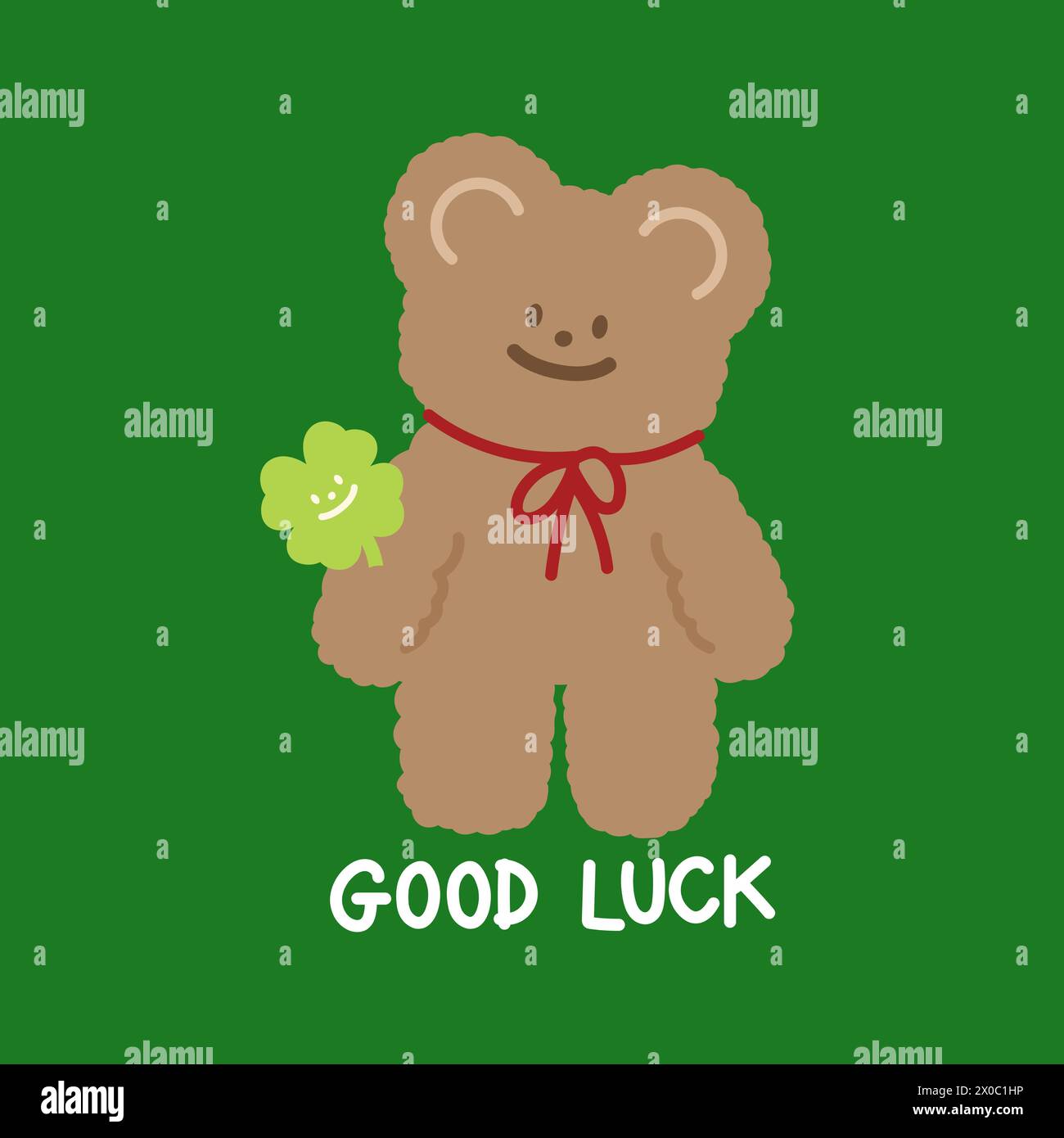 Illustration d'ours en peluche, feuille de trèfle et lettres DE BONNE CHANCE sur un fond vert pour l'énergie positive, impression, papier peint animal, dessin animé, zoo, carte Illustration de Vecteur