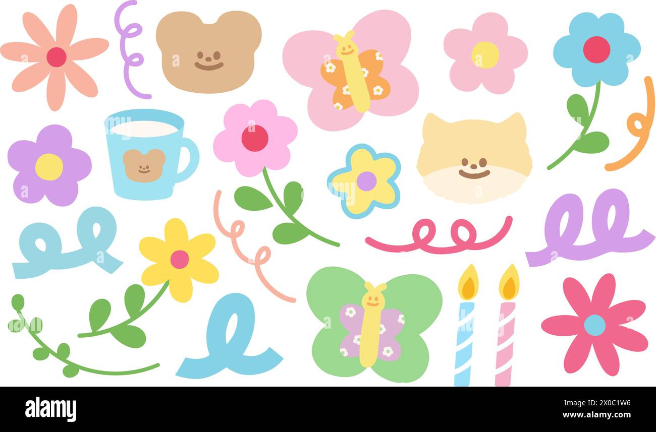 Illustration pastel d'éléments d'été tels que ours en peluche, papillon, fleurs, chat, bougies, griffonnages pour autocollants, pique-nique, nature, floral, jardin Illustration de Vecteur