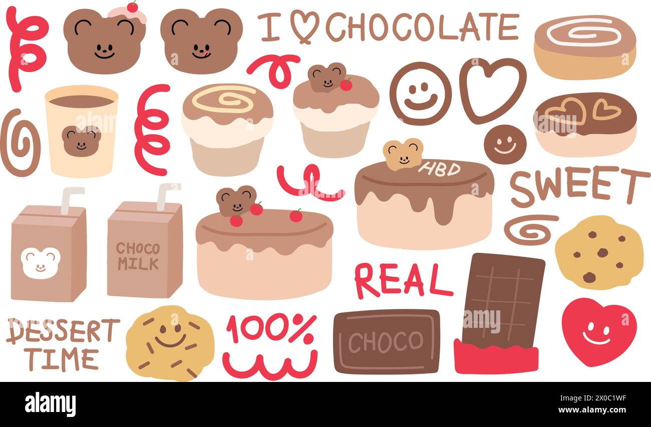 Illustrations en chocolat de gâteau d'anniversaire, cupcake, cookie, boîte de lait, beignet, barre de chocolat, ours en peluche, police douce, typographie, griffonnages abstraits mignons Illustration de Vecteur