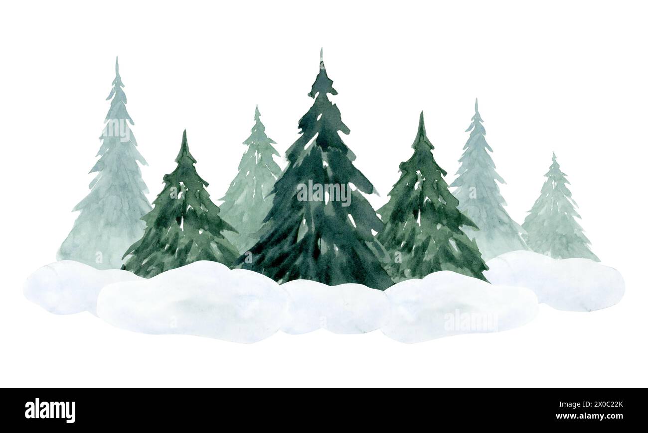 Sapins sur la neige dans l'aquarelle de forêt d'épicéa illustration isolée pour la bannière horizontale d'hiver et le paysage nord Banque D'Images