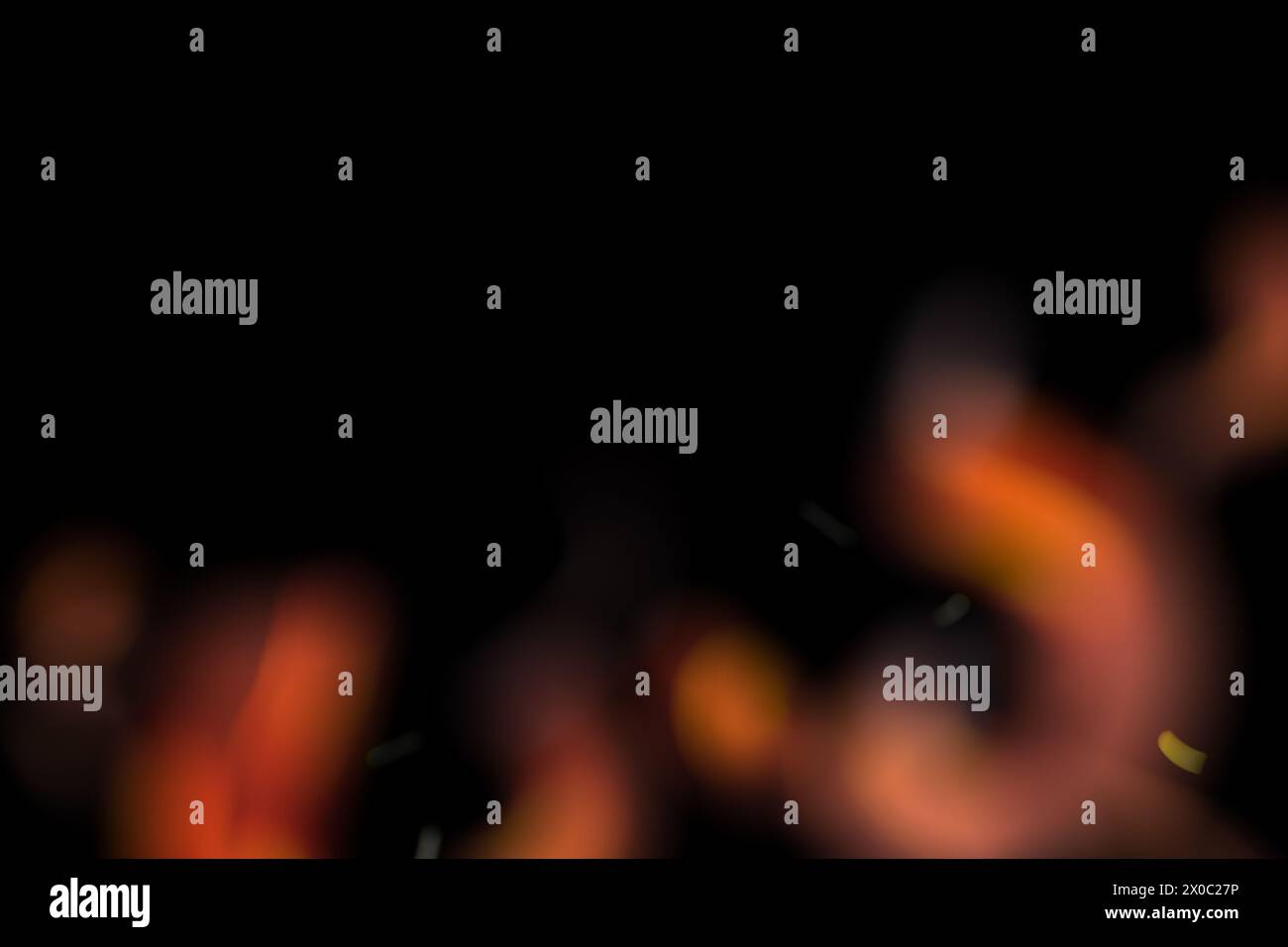 Effet de feu dynamique sur fond noir. Rouge et orange, lumières floues. Effet de superposition de flammes. Pied de page, bordure. Rendu 3D. Banque D'Images