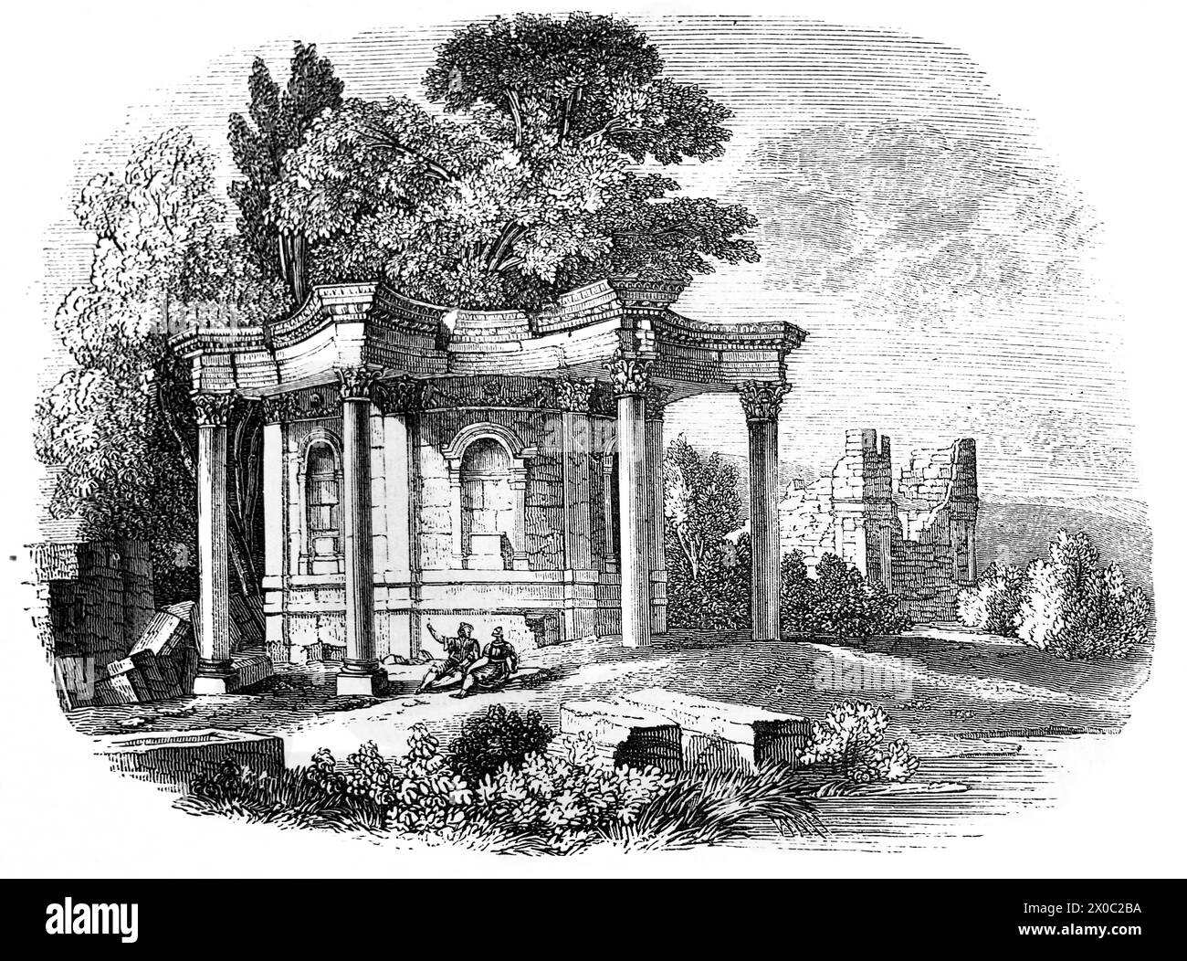 Gravure sur bois d'un temple à Baalbec dans la Bible de la famille illustrée antique du XIXe siècle Banque D'Images