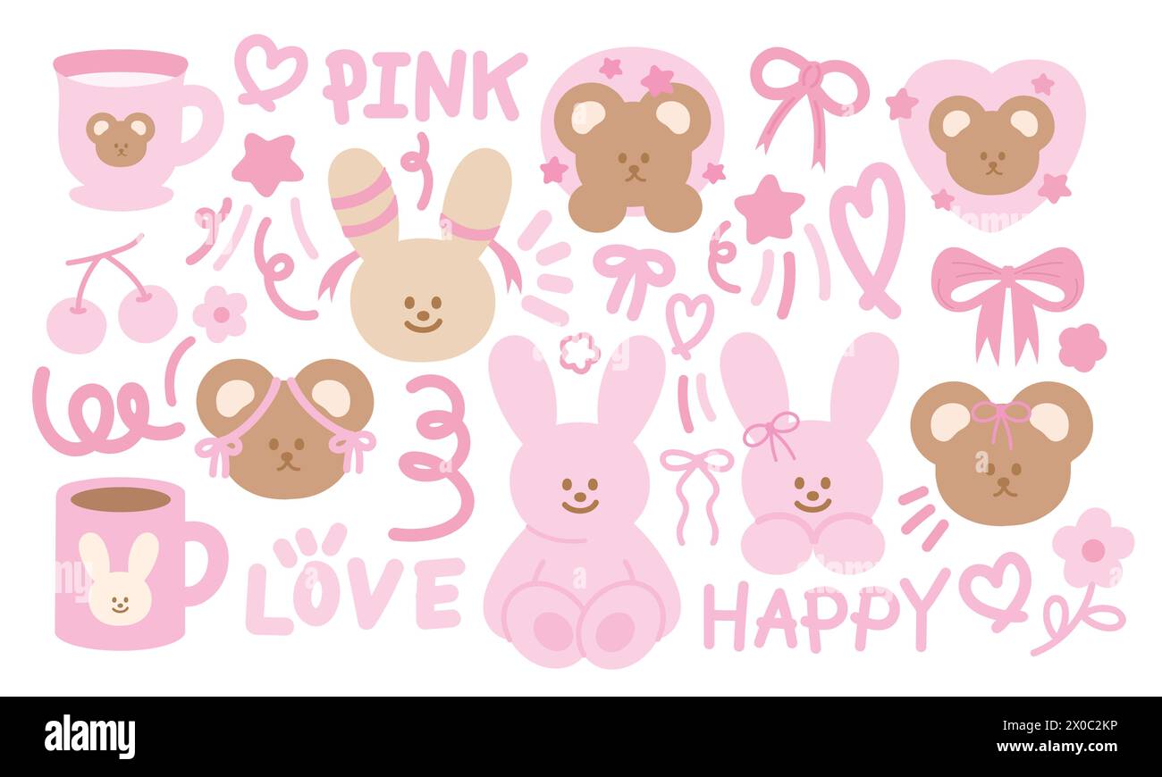 Illustration pastel de lapin rose, ours en peluche, fleur, ruban, coeur, cerise, boisson chaude pour le printemps, été, pique-nique, carte, dessin animé, pâques, animaux Illustration de Vecteur