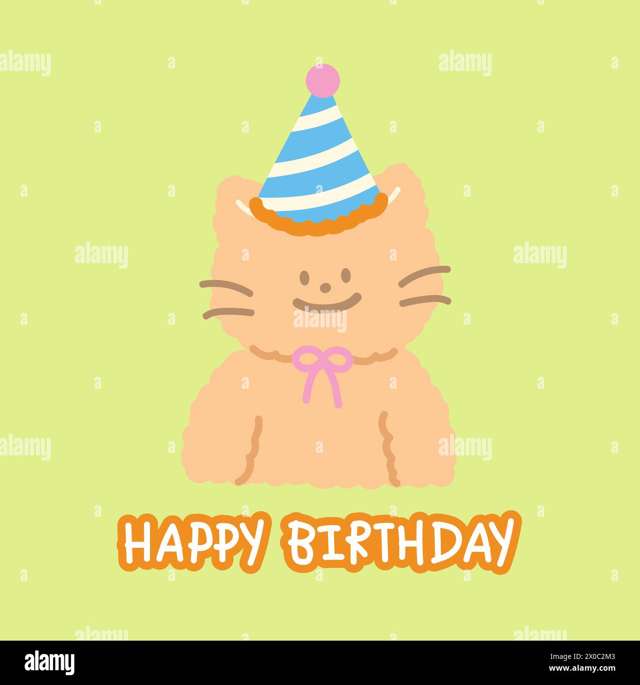 Illustration de chat avec chapeau de fête et lettres DE JOYEUX ANNIVERSAIRE sur fond vert pastel pour carte d'anniversaire, élément de fête, animal, dessin animé, papier peint Illustration de Vecteur