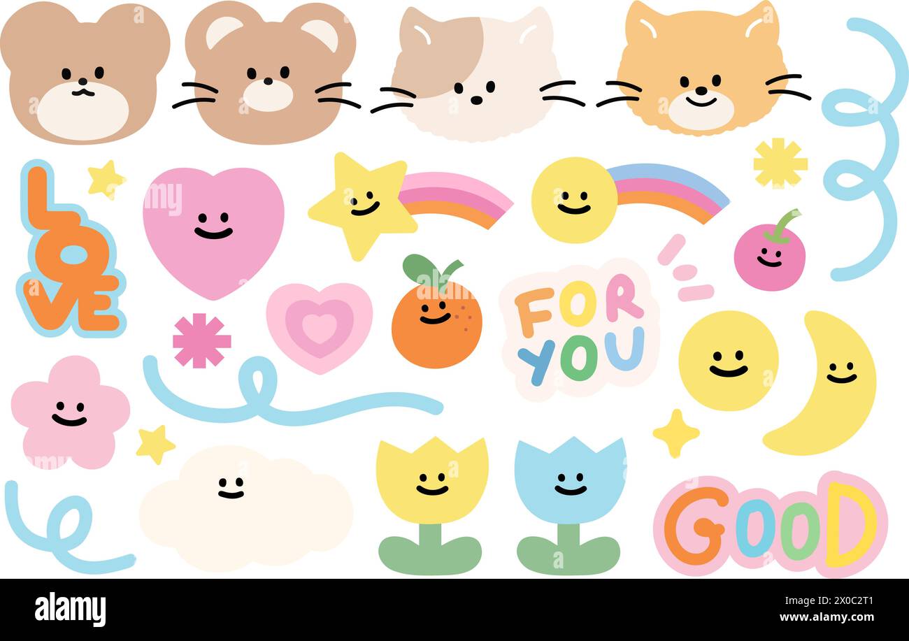 Illustration de chat, ours en peluche, coeur, police d'amour, arc-en-ciel pastel, doodle elements, orange, fleurs, tulipe, pomme, lune pour les animaux, autocollant, fruits Illustration de Vecteur