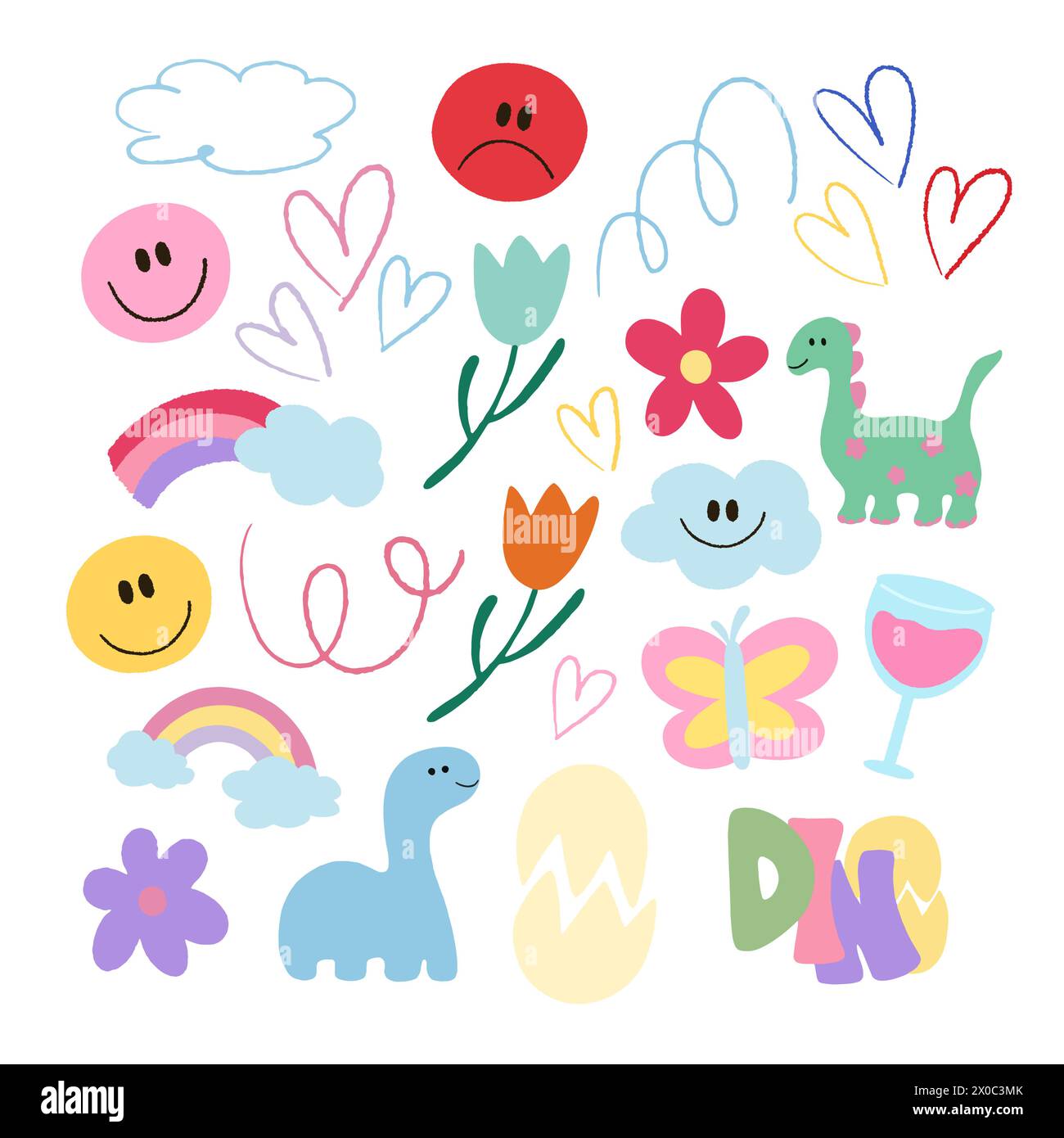 Illustrations de crayon mignon de fleurs, tulipe, dinosaure, arc-en-ciel, nuage, coeur, papillon, champagne, visage heureux pour autocollant mignon, printemps, été, logo Illustration de Vecteur
