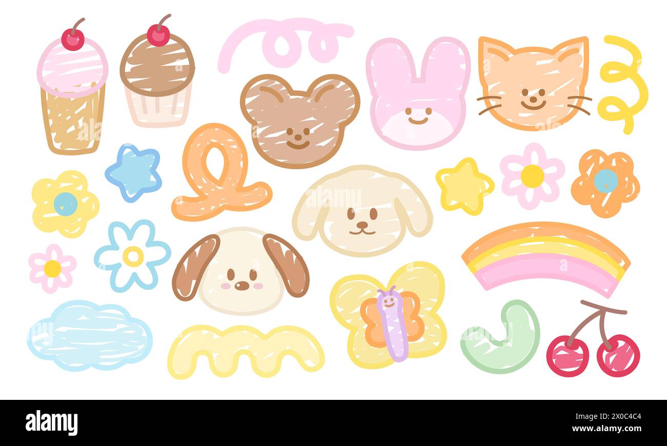 Doodle illustrations de cupcake, ours en peluche, lapin, chat, fleurs, chiot, papillon, arc-en-ciel, cerise, nuage et éléments abstraits pour la décoration, l'impression Illustration de Vecteur