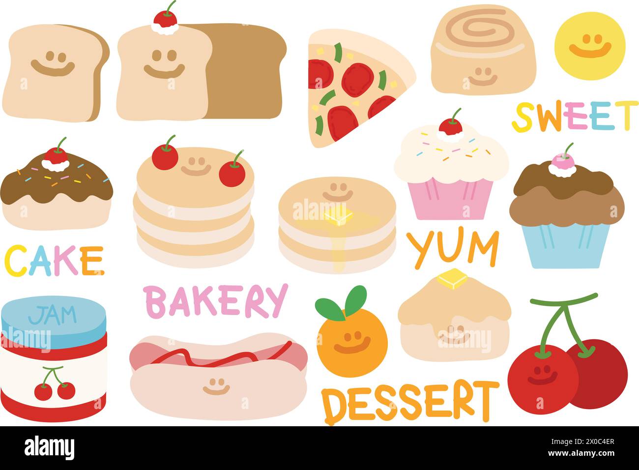 Illustrations de boulangerie et pâtisserie telles que pain, crêpe, rouleau à la cannelle, pizza, cupcake, hotdog, confiture, beignet et fruits tels que orange, cerise Illustration de Vecteur