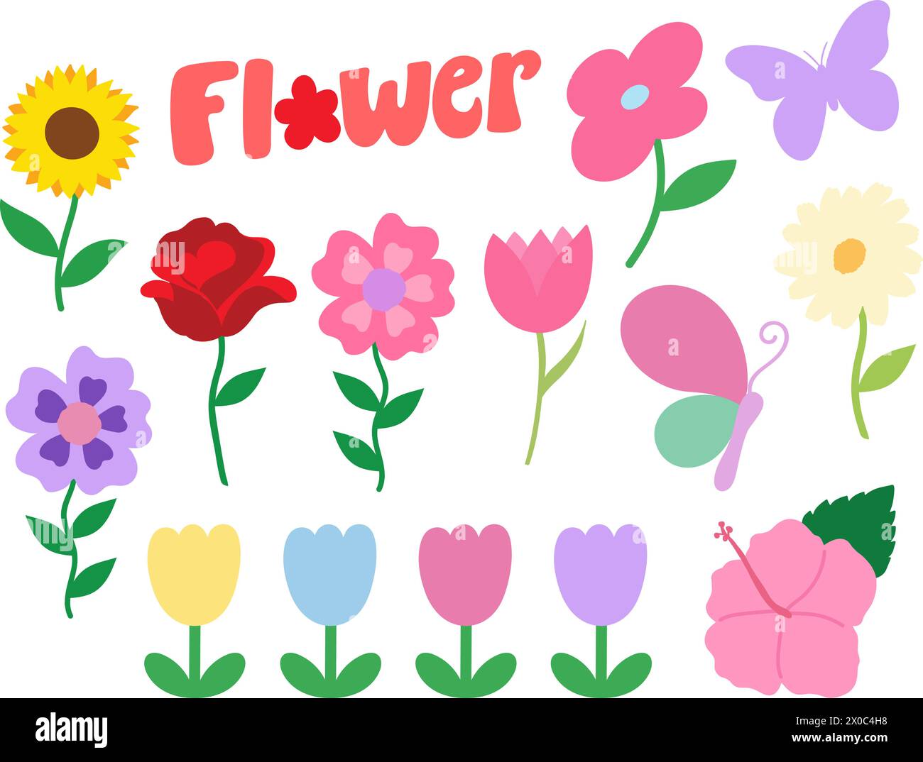 Fleurs dessinées à la main, y compris tournesol, rose, tulipe, hibiscus et papillon pour pique-nique, nature, jardin, printemps, été, imprimé floral, logo, icône Illustration de Vecteur