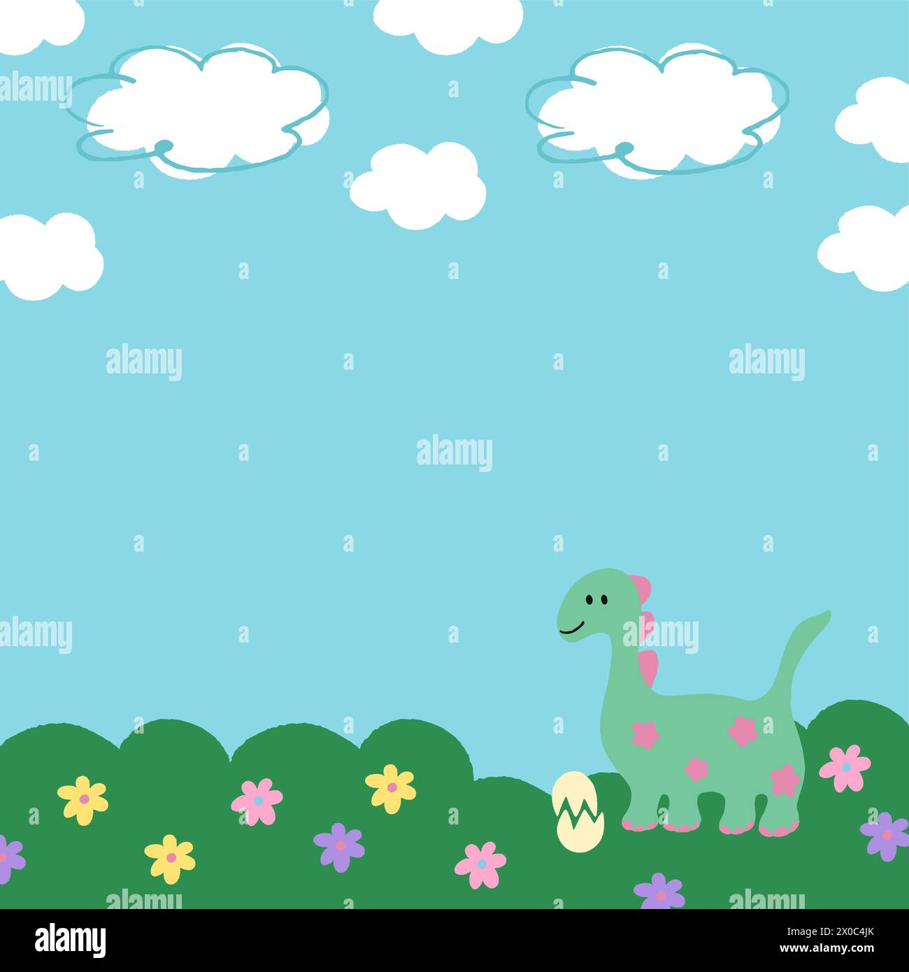 Dinosaure dessiné à la main avec des fleurs, des herbes, ciel bleu, nuage pour le fond, toile de fond, papier peint, bannière, modèle d'annonce, conception de couverture, brochure, dessin animé Illustration de Vecteur