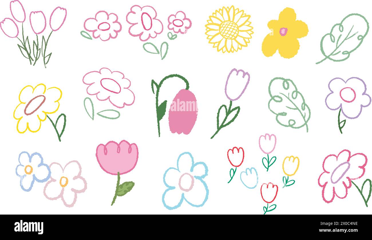 Fleurs dessinées à la main contours de tournesol, feuilles d'arbre de tulipe pour livre de coloriage, pique-nique, nature, jardin, printemps, été, imprimé floral, logo, icône Illustration de Vecteur