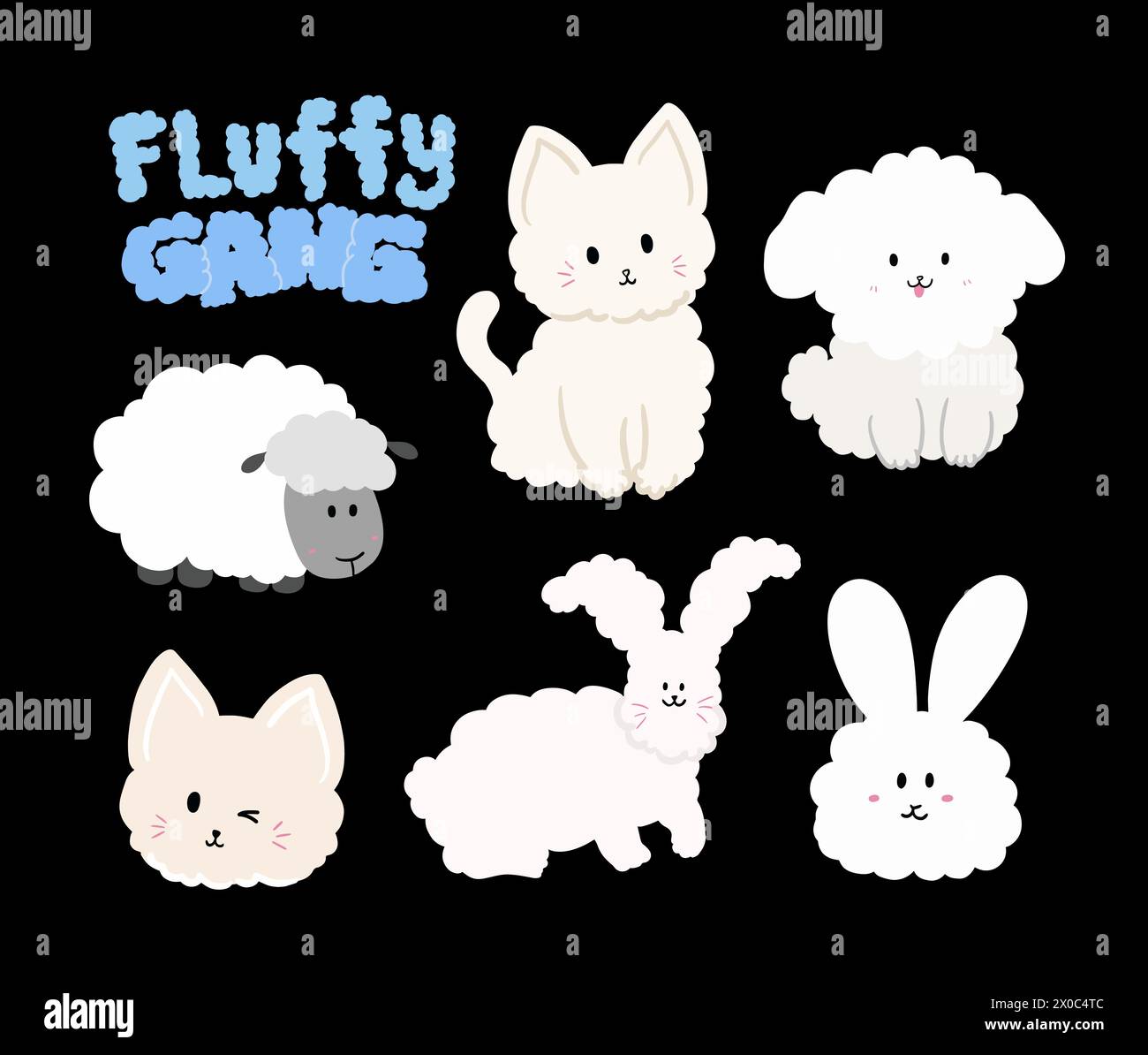 Gang moelleux dessiné à la main tel que chiot, chat, lapin, mouton pour animaux, animal de compagnie, vet, animalerie, zoo, logo, icône, paw friends, adopter, sauver, médias sociaux Illustration de Vecteur