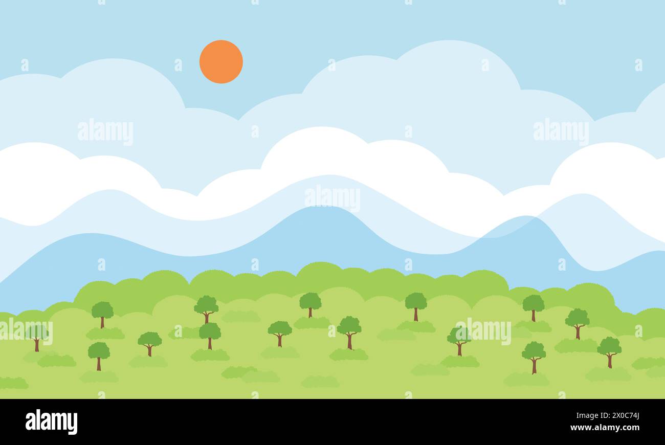 Illustration de l'herbe verte, nuage, soleil, ciel bleu pour le fond, papier peint, bannière, toile de fond, modèle, environnement, terre, paix, médias sociaux Illustration de Vecteur