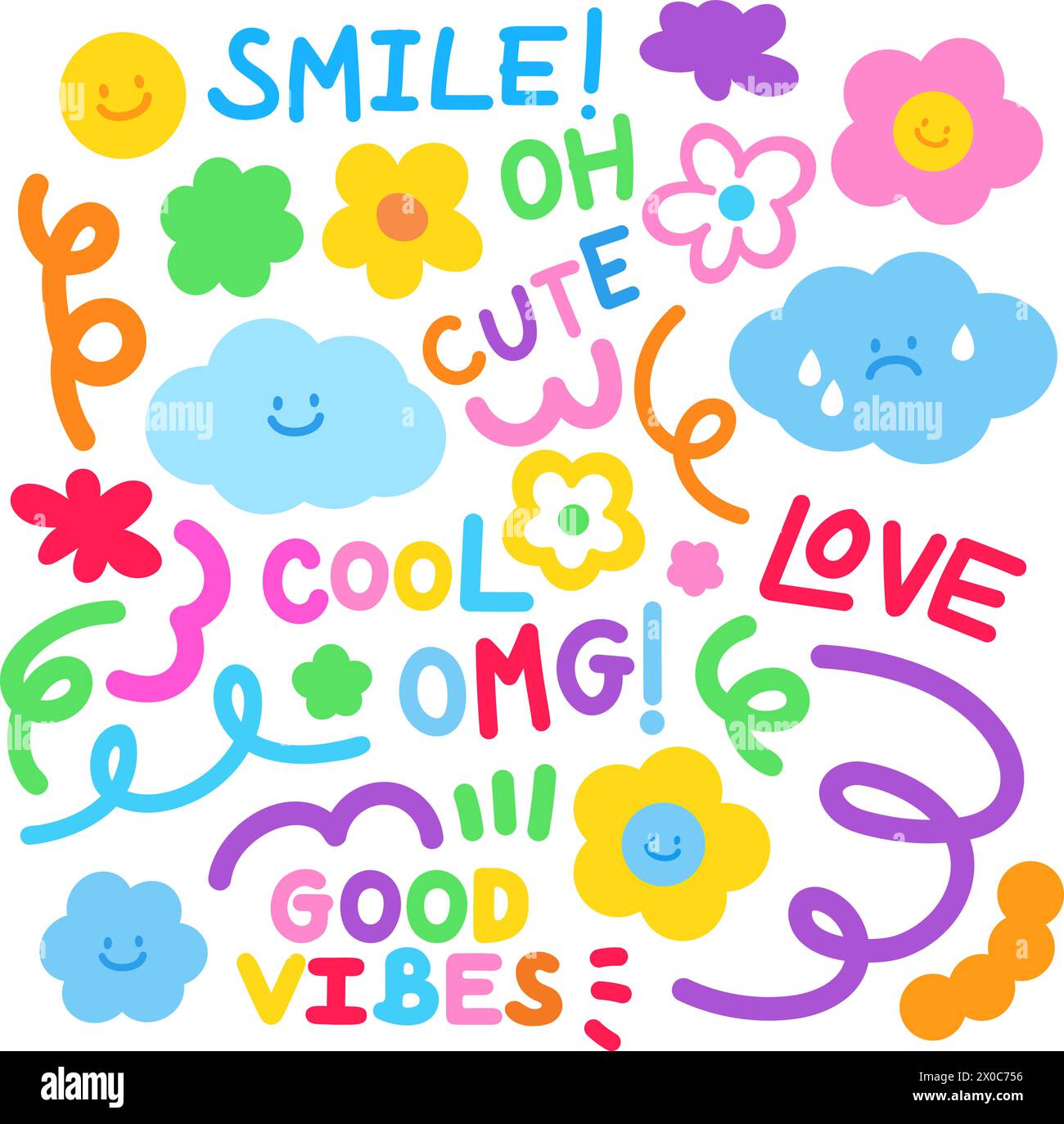 Illustration colorée de fleurs, nuage, griffonnages pour le printemps, été, décoration, logo, icône, autocollant, dessin animé, caractère, peluche jouet, poupée, enfants Illustration de Vecteur
