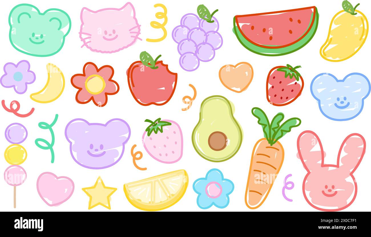 Doodle illustration d'ours en peluche, chat, lapin, chiot, raisin, pastèque, mangue, fraise, pomme, citron, avocat, carotte, fleurs et coeur Illustration de Vecteur