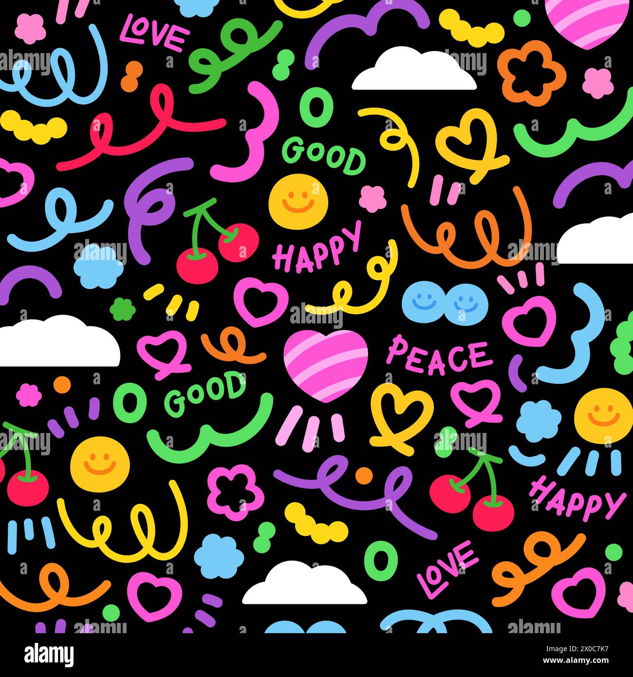 Éléments colorés de doodles abstraits, coeur, cerise, fleurs, confettis et nuage pour fond, papier peint, autocollant, logo, icônes, motif Illustration de Vecteur