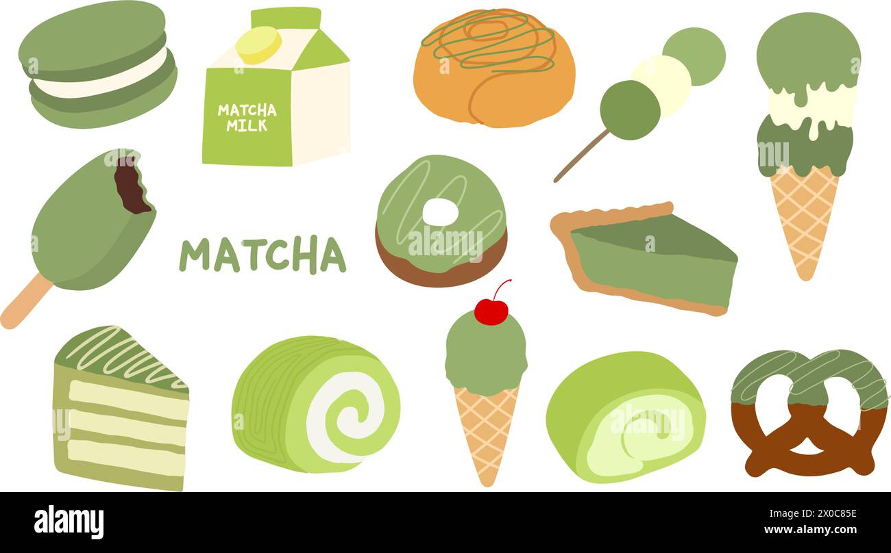 Desserts Matcha tels que rouleau à la cannelle, beignet, dango, crème glacée, gâteau à l'igname, macaron, lait et bretzel pour café, restaurant, logo, icône, autocollants Illustration de Vecteur