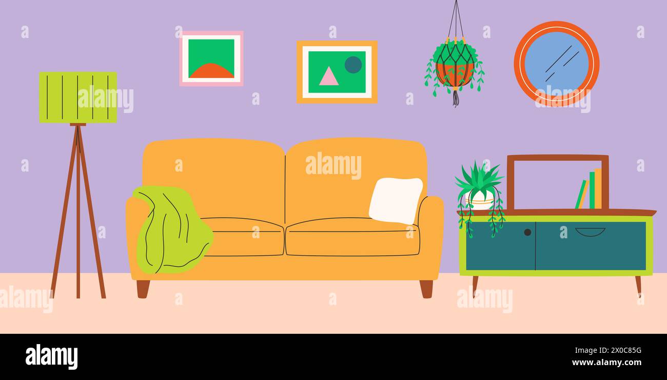 Décoration intérieure du salon avec meubles et plante macramée. Illustration vectorielle. Illustration de Vecteur