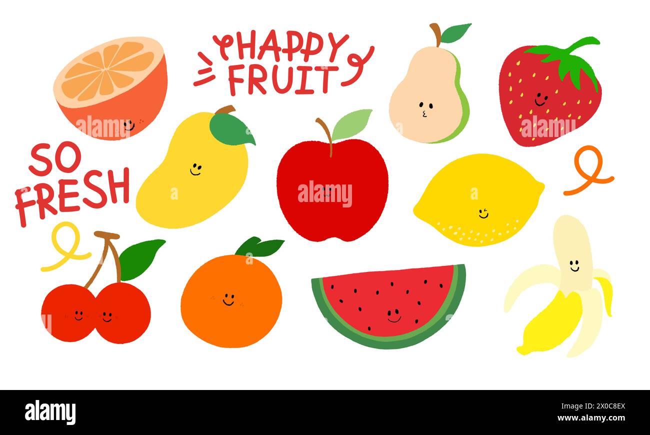 Illustrations de fruits heureux d'orange, mangue, cerise, pastèque, pomme, fraise, citron, banane pour icône, autocollants, carte imprimée, icône, logo, dessin animé Illustration de Vecteur