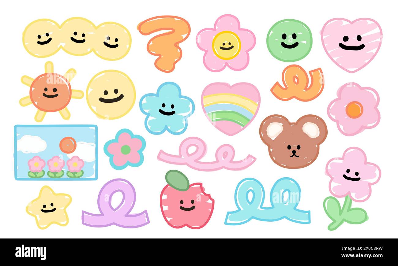 Joyeuses illustrations estivales d'ours en peluche, soleil, fleurs, pomme, arc-en-ciel, coeur et ciel en couleur pastel pour autocollant, impression de carte, icône, logo, dessin animé Illustration de Vecteur