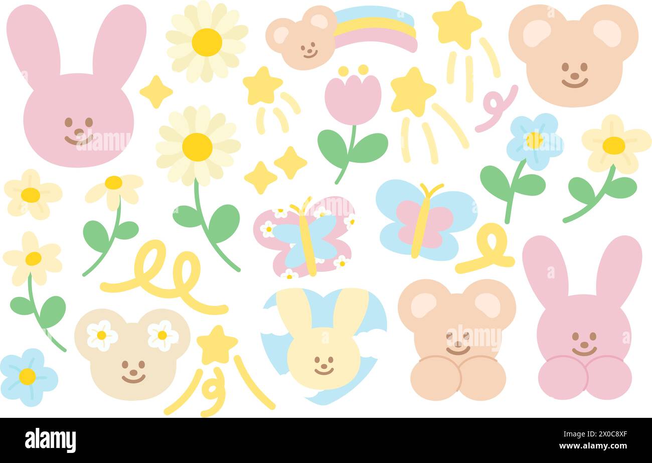 Jolies illustrations pastel de lapin, fleurs, papillon, ours en peluche, arc-en-ciel pour pâques, nature, jardin, autocollant, impression de carte, icône, logo, dessin animé Illustration de Vecteur