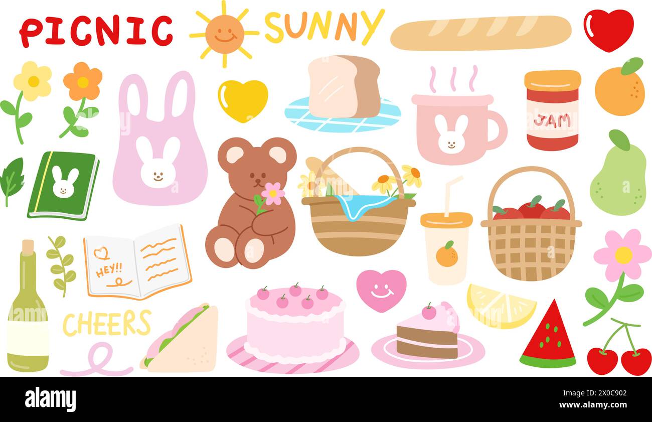 Illustration de pique-nique d'été de pain, confiture, soleil, panier de fruits, fleurs, orange, pastèque, gâteau, sandwich, journal intime, jus, champagne, citron Illustration de Vecteur
