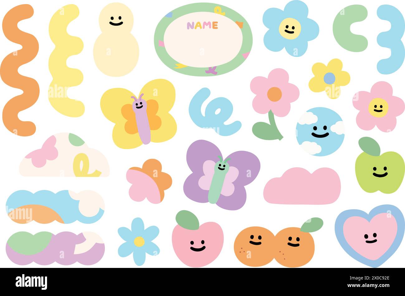 Joyeuses illustrations estivales de papillon, orange, pomme, fleurs, coeur, nuage, griffonnages en couleur pastel pour autocollant, impression de carte, icône, logo, dessin animé Illustration de Vecteur