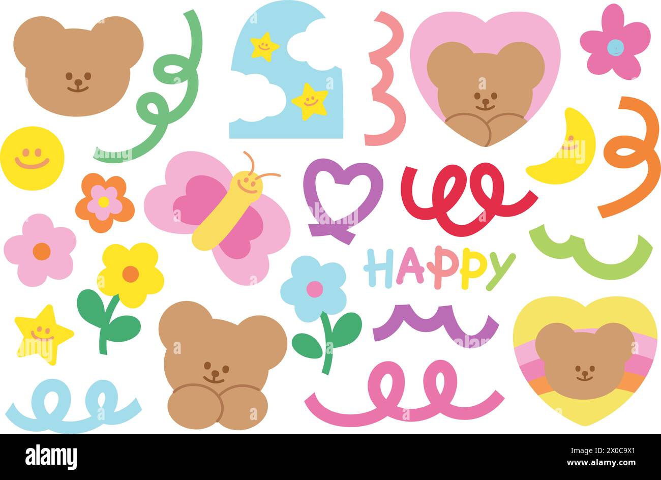 Illustrations vectorielles d'ours en peluche et d'éléments d'été mignons de papillon, fleur, police HEUREUSE, coeur, lune et pastel doodle icônes pour la décoration, icône Illustration de Vecteur